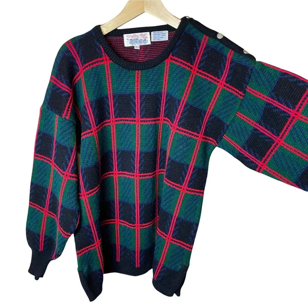 Tally Ho Vintage Christmas Holiday Windowpane Plaid Oversized Sweater - Picture 3 of 6